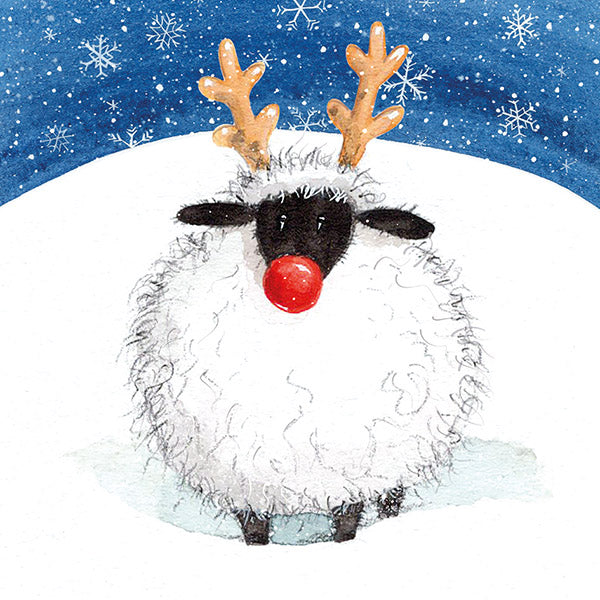 Woolly sheep wearing a red nose and antlers on a wintery scene