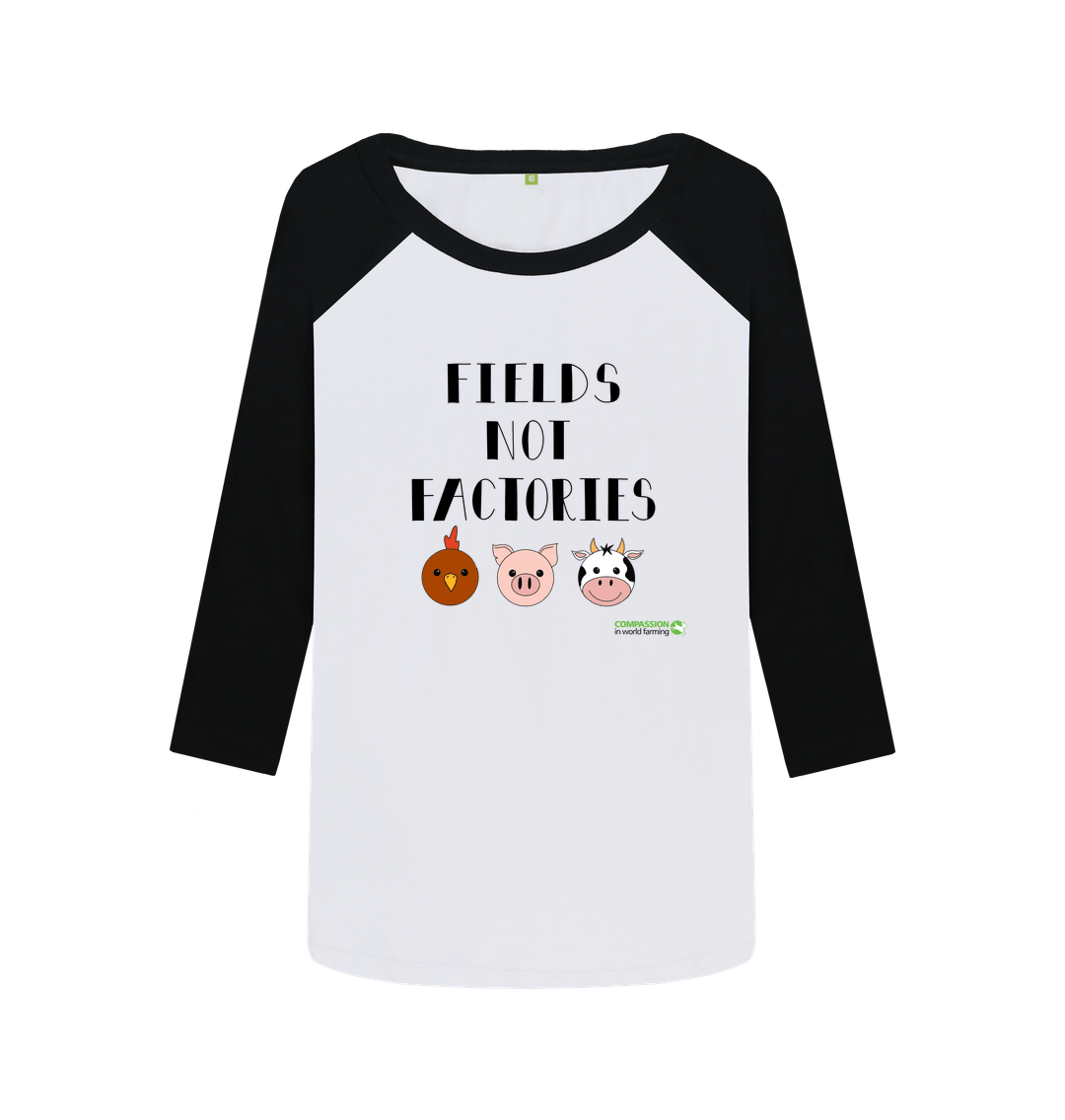 Black-White Fields not factories women's baseball tee