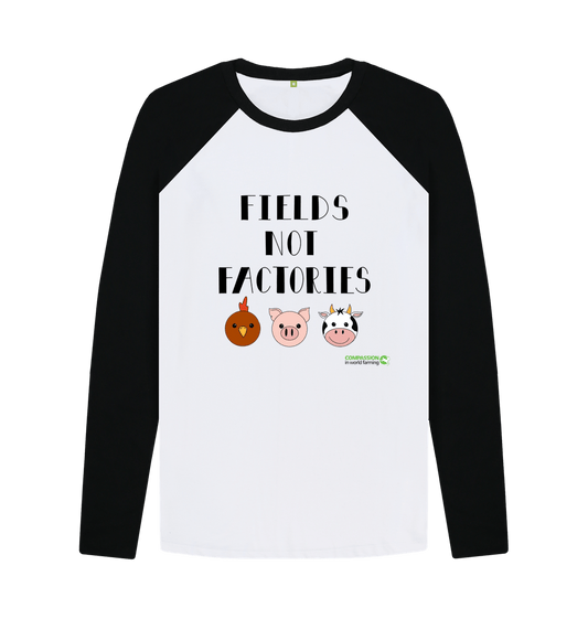 Black-White Fields Not Factories Men's Baseball Tee