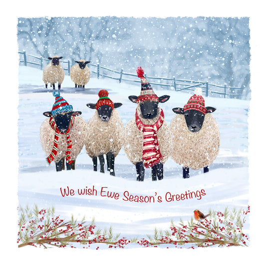 Four sheep in hats and scarves in a snowy field with text saying "We wish Ewe Season's Greetings"