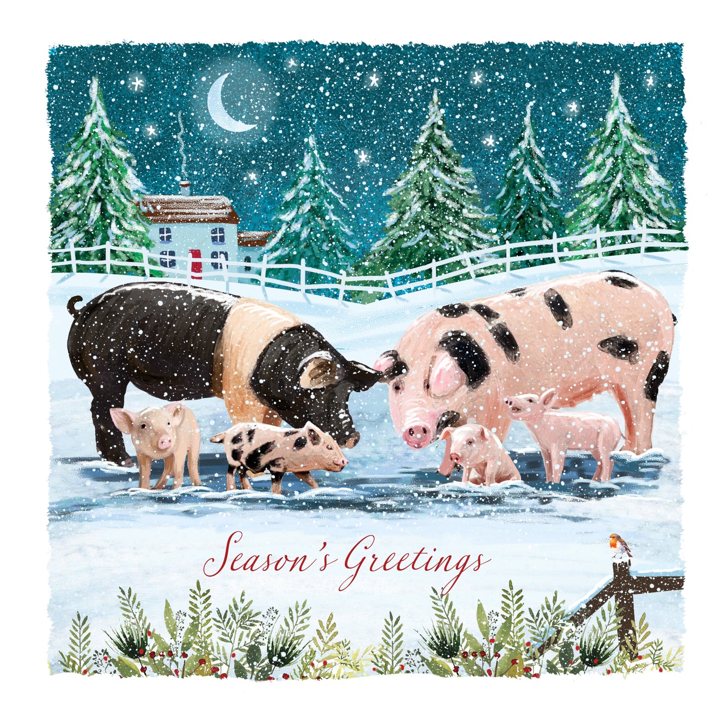 A family of pigs in a snowy field with season's greetings written