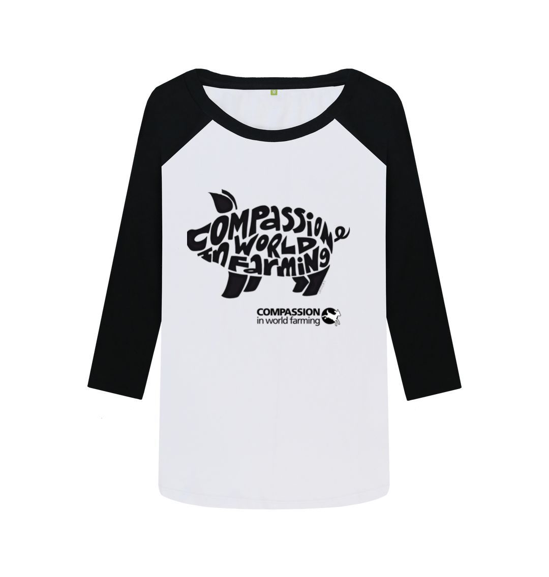 Black-White Women's Compassion Pig Baseball T-Shirt