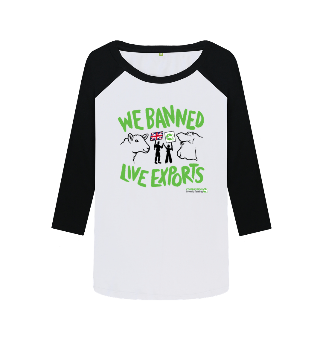 Black-White Women's Banned Live Exports Celebration Baseball T-shirt Alt Design