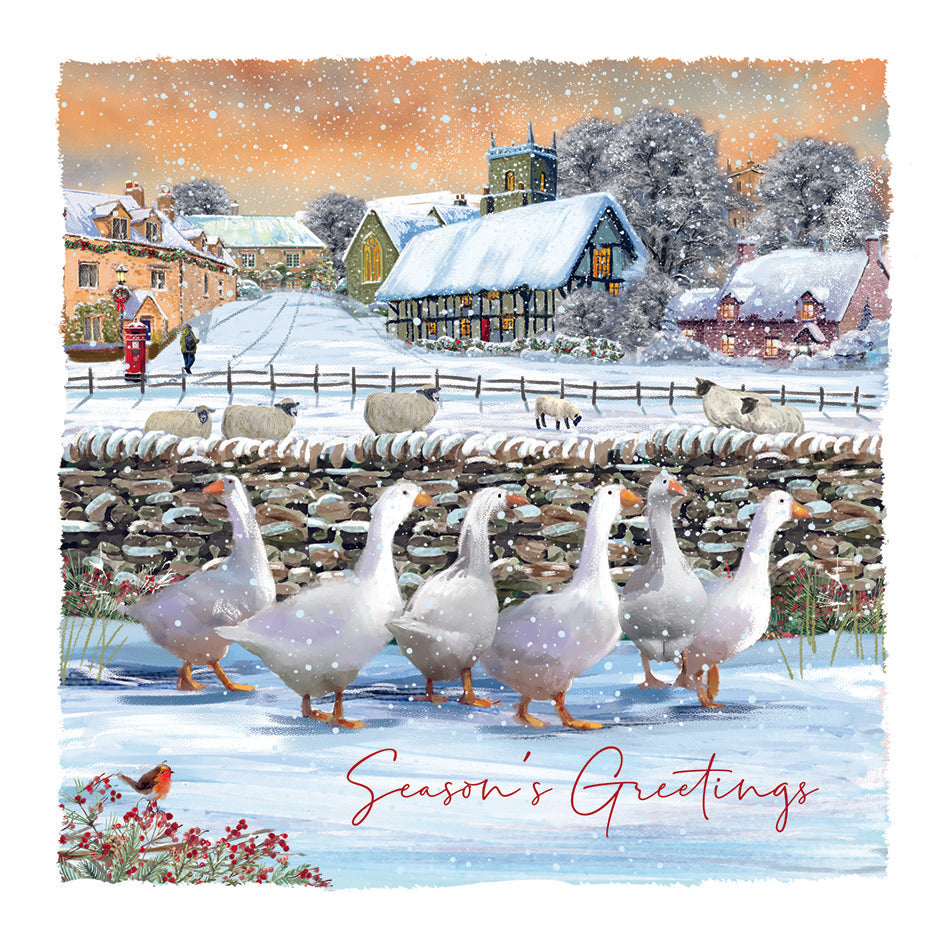 Five geese in a snowy countryside village setting with sheep in the background and text saying Season's Greetings