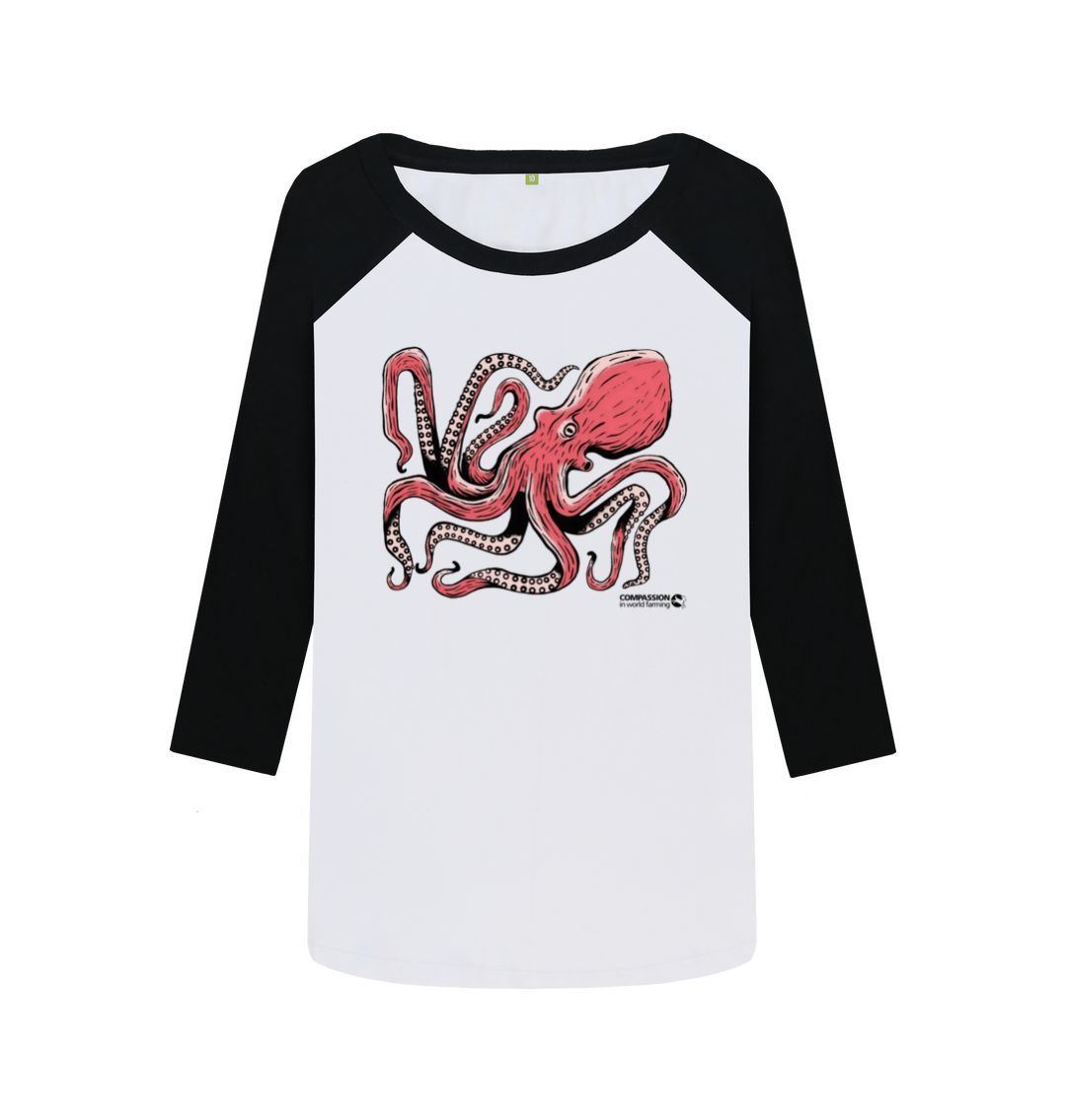 Black-White Women's Octopus Baseball T-Shirt