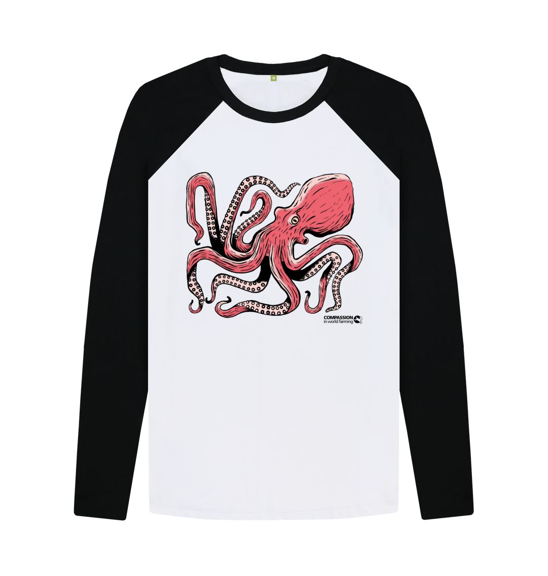 Black-White Men's Octopus Baseball T-Shirt