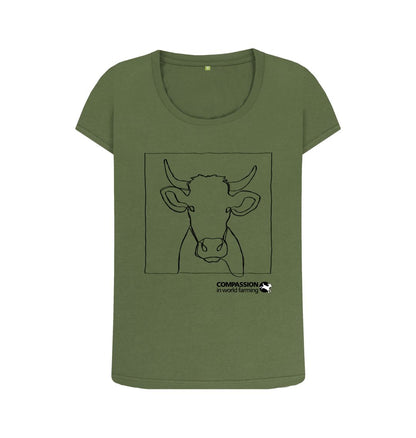 Khaki Women's Cow Scoop Neck T-Shirt